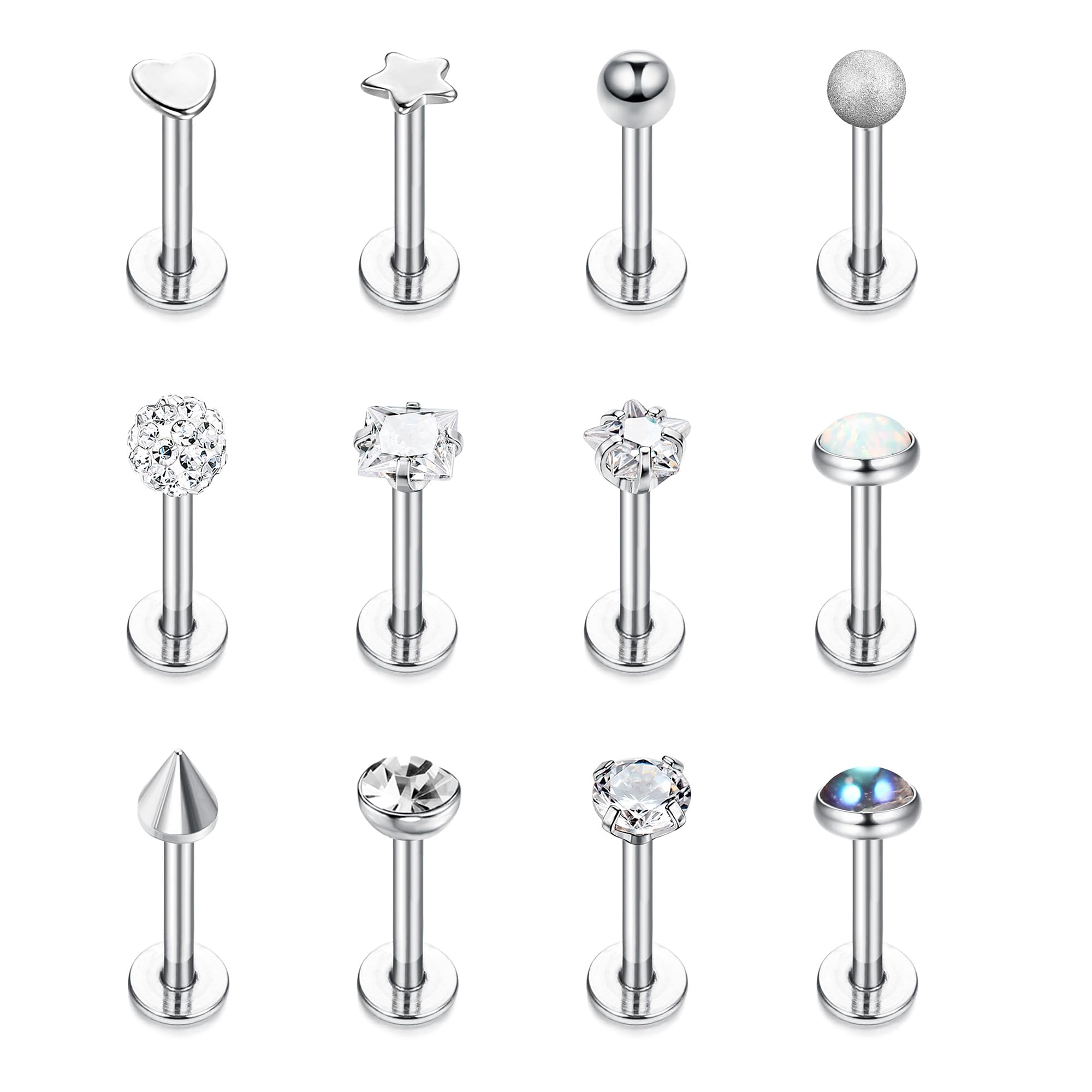 Morfetto 12 UDS 16G G23 Tachuelas de Titanio Labret Piercing de Labios Pendientes de Tragus Anillos de Nariz de Ópalo Pendientes de Cartílago Monroe Piercing Joyería 6mm 8mm 10mm