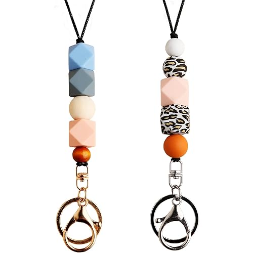 2PCS Teacher Breakaway Lanyards for Id Badges and Keys, Beaded Cute Badge Lanyards for Women Soft Nurse Necklace Boho Lanyards Fashion Silicone Bead Lanyard
