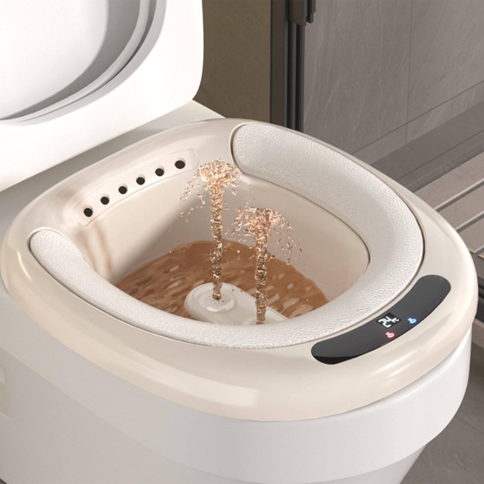 Excefore Electric Sitz Bath Tub for Adults, Electric Sitz Bath for Hemorrhoids, Female Postpartum, Sits Bath for Toilet Seat, Dual Spouts with Heating, Real-time Water Temperature Measurement (Brown)