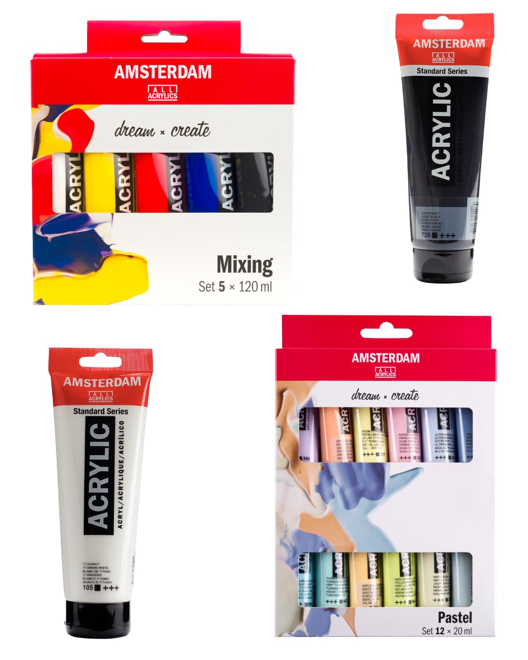 Amsterdam Acrylfarben Set – 5x120 ml Farbtheorie + 250 ml Titanweiß & Oxidschwarz + 12 Pastellfarben | Künstler Acrylfarbe für Leinwand, Mixed Media & DIY