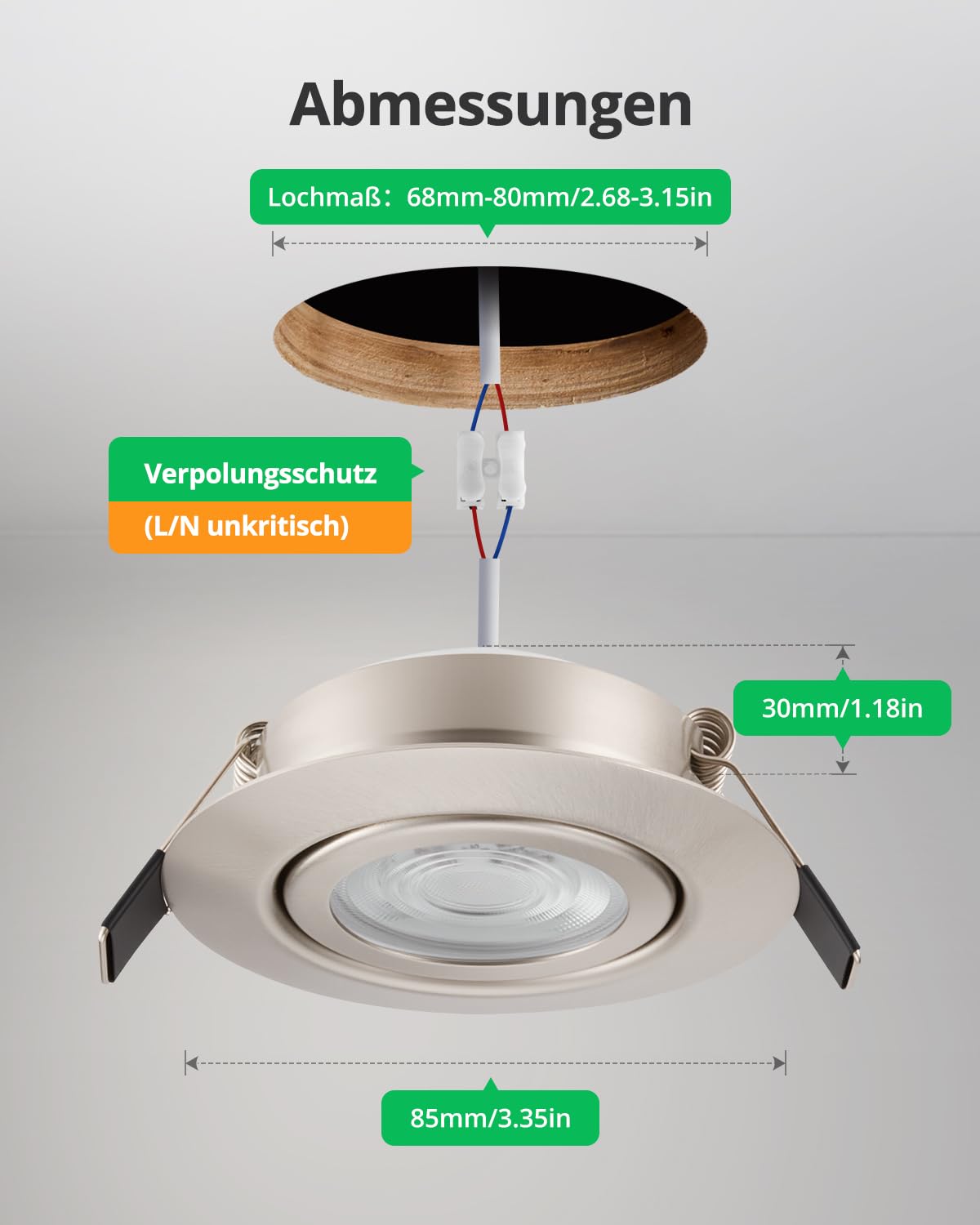 BOJIM LED Spots Deckenspots 230V 7W, Einbaustrahler dimmbar IP44, Metall Nickel 68mm Lochmaß, Warmweiß/Kaltweiß/Neutralweiß, für Bad Küche Wohnzimmer, 10er Set