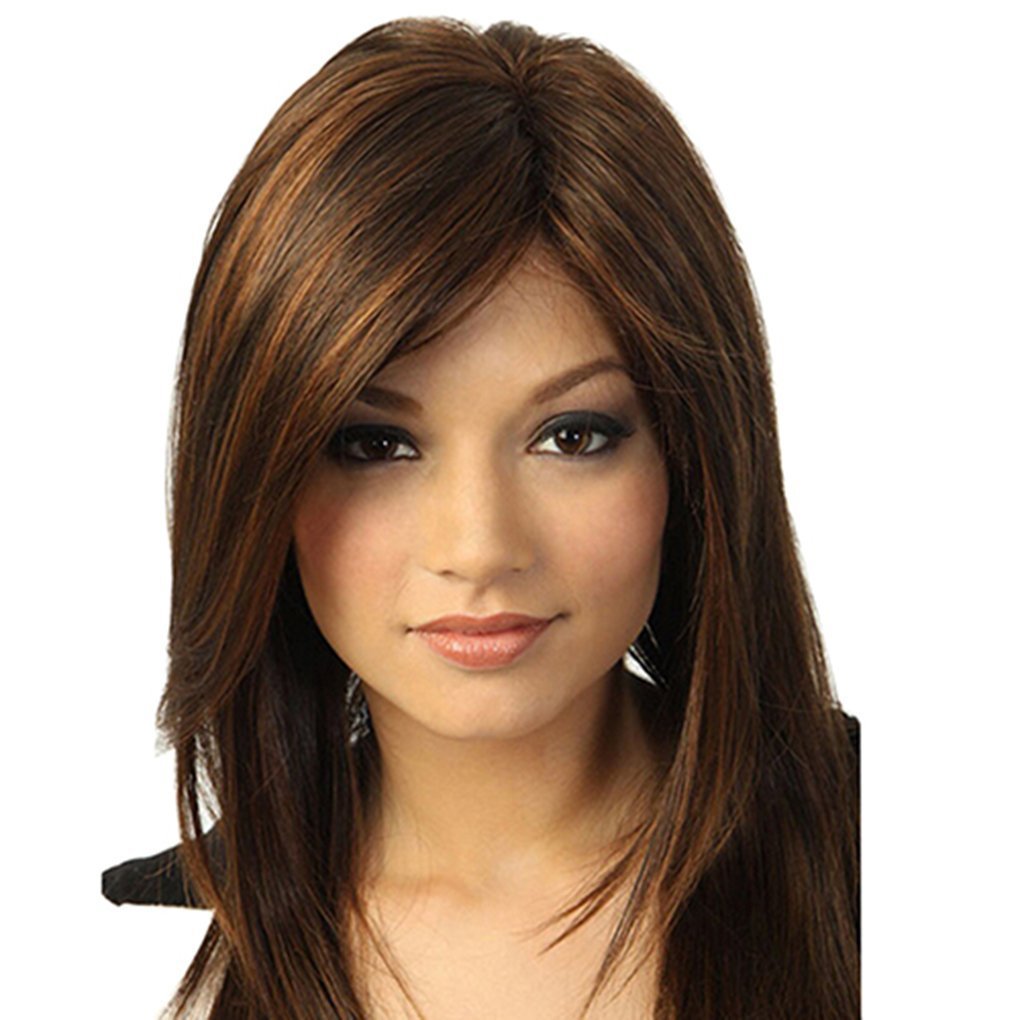 Gemini_mallWomen Dark Brown Long Straight Partial Bangs Full Wig Heat Resistant Party Hair