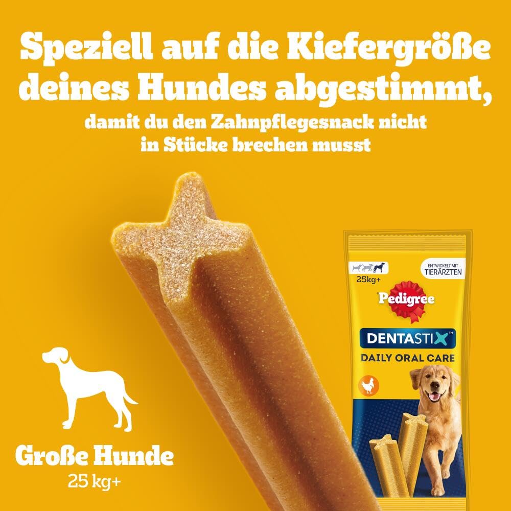 Pedigree DentaStix Hundesnack für große Hunde (25kg+), Zahnpflege-Snack mit Huhn und Rind, 4 Packungen je 28 Stück (4 x 1.08 kg)