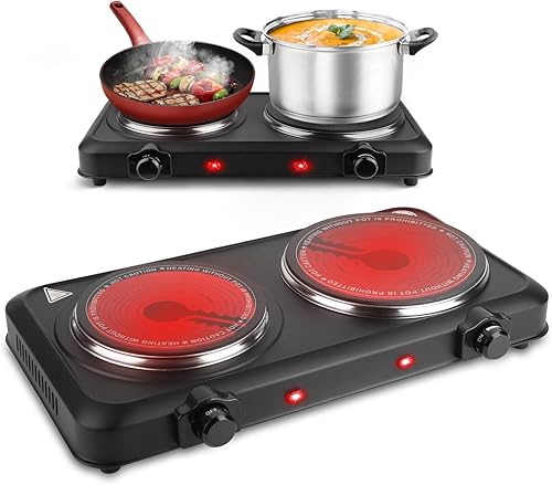 Estufa eléctrica portátil, estufa eléctrica de doble quemador de 2000 W, quemadores infrarrojos para cocinar, quemadores dobles con placa de vidrio