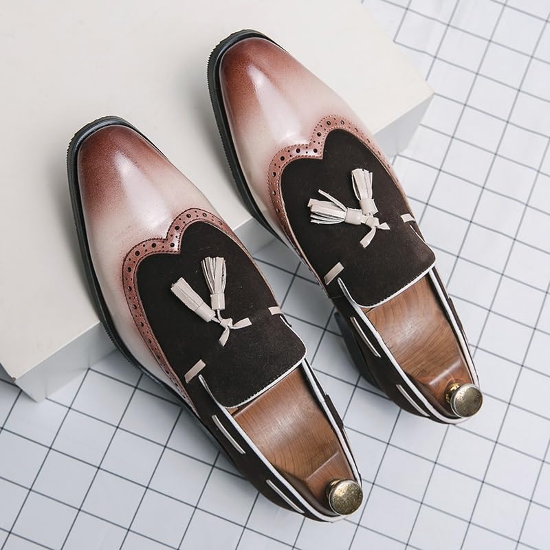 Formal Shoes for Men Slip On Square Burnished Toe Wing tip Two Tone with Tassel Boatshoes Low Top Block Heel Slip Resistant Working2
