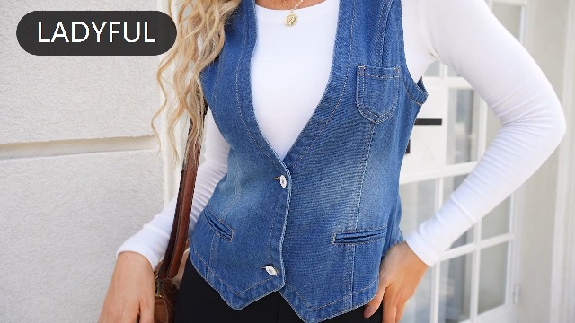 soduk＊denim vest Ladyful Women's Denim Vest Top Sleeveless V Neck Jean Top Button