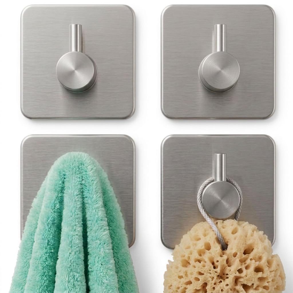 edihome, Ganchos Adhesivos para Pared, de Acero Inoxidable, Colgadores Resistentes sin Taladro, Diseño Cuadrado Moderno para Baño Cocina, Negro Blanco Gris (4, Plata) - 2
