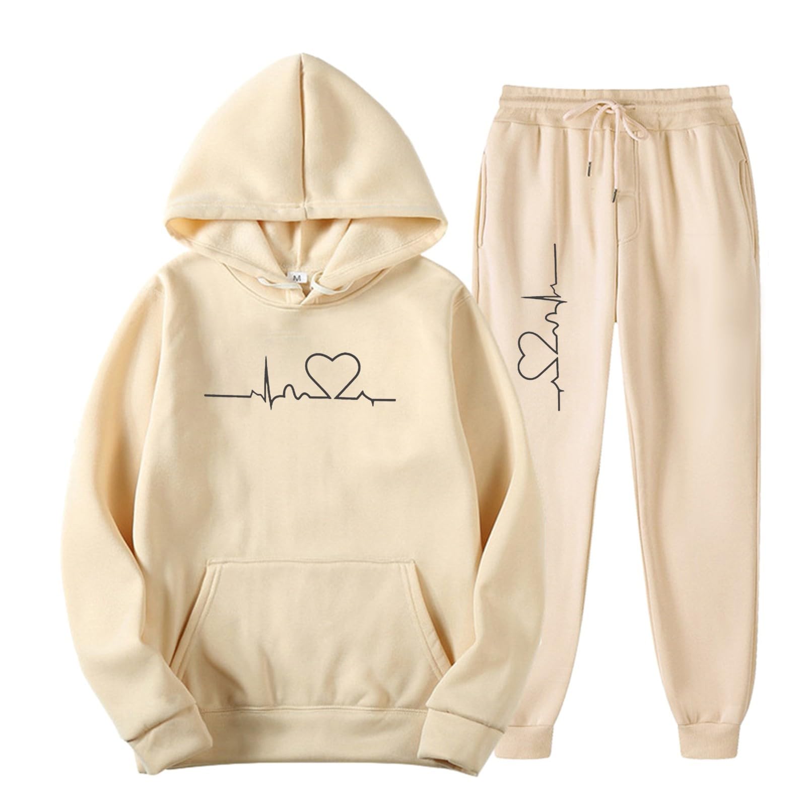 Generisch Tuta da jogging da donna, tinta unita, con stampa a cuore, elasticizzata, morbida, con cappuccio e pantaloni da allenamento, 2 pezzi, per attività all'aria aperta, allenamento sportivo, S