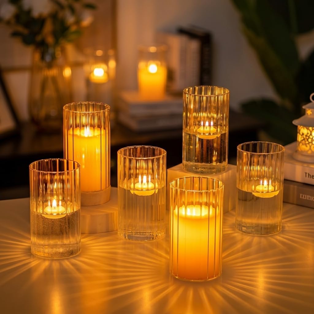 Hewory Glass Hurricane Candle Holders Set of 6, Clear Glass Cylinder Vases for Pillar & Floating Candles, 6 inch - Centerpieces, Wedding & Christmas Home Decor
