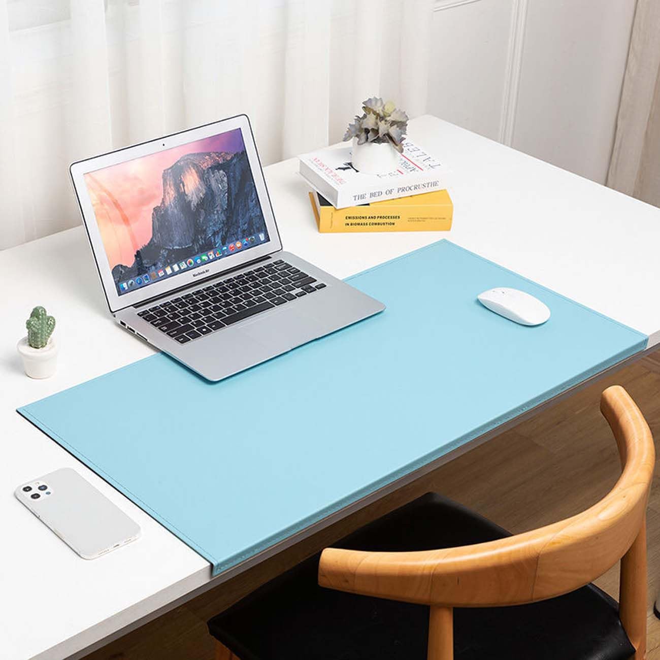 Leather Desk Pad with Edge Protector, Office Desk Mat for Writing Working Typing, Edge-Locked Large Mouse Mat, Comfortable Waterproof Wipeable Table Protector (50x100cm,Blue)
