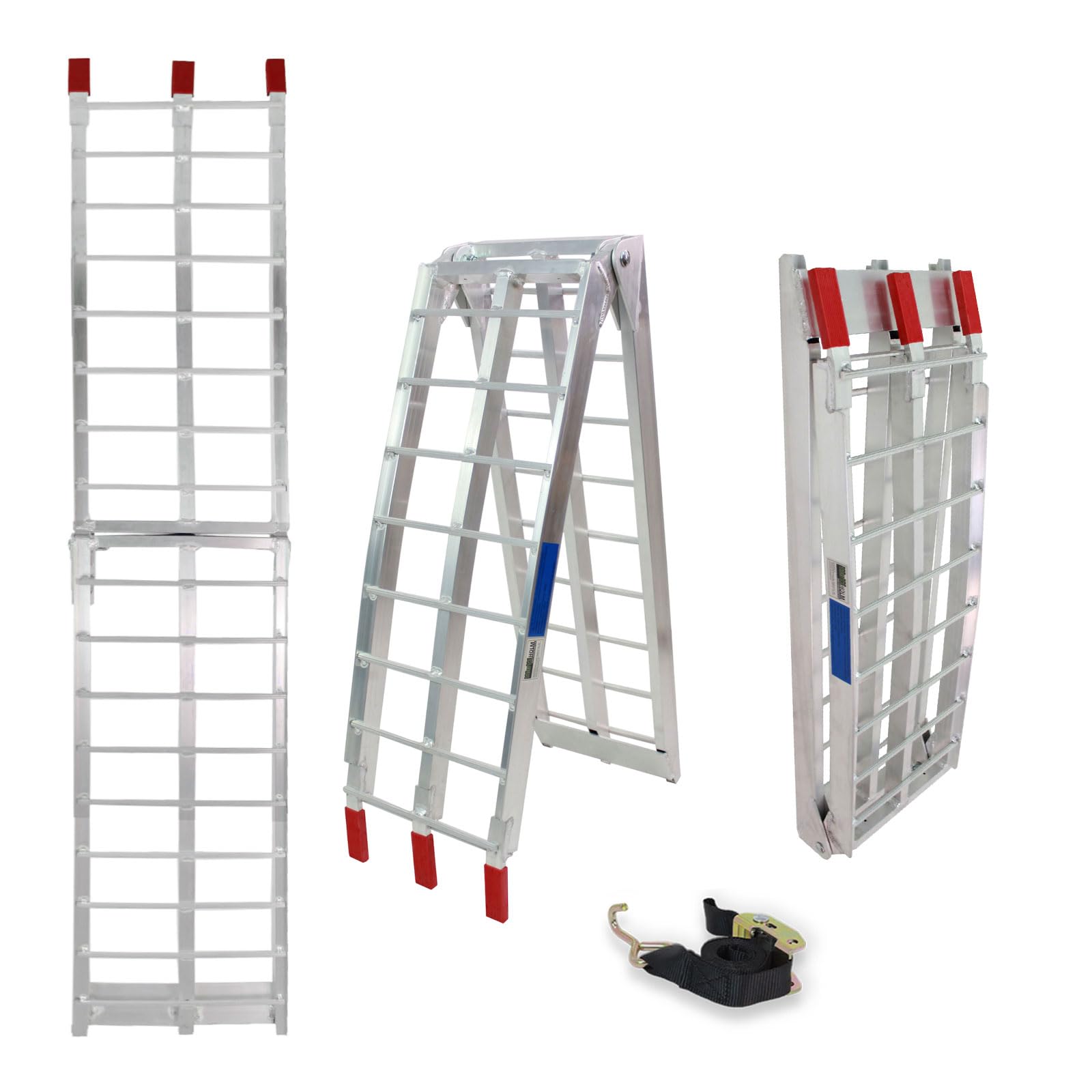 TRUTZHOLM Auffahrrampe klappbar 180 cm – Aluminium, Traglast 340 kg pro Rampe, grau, mit Spanngurt und Kunststoffkappen