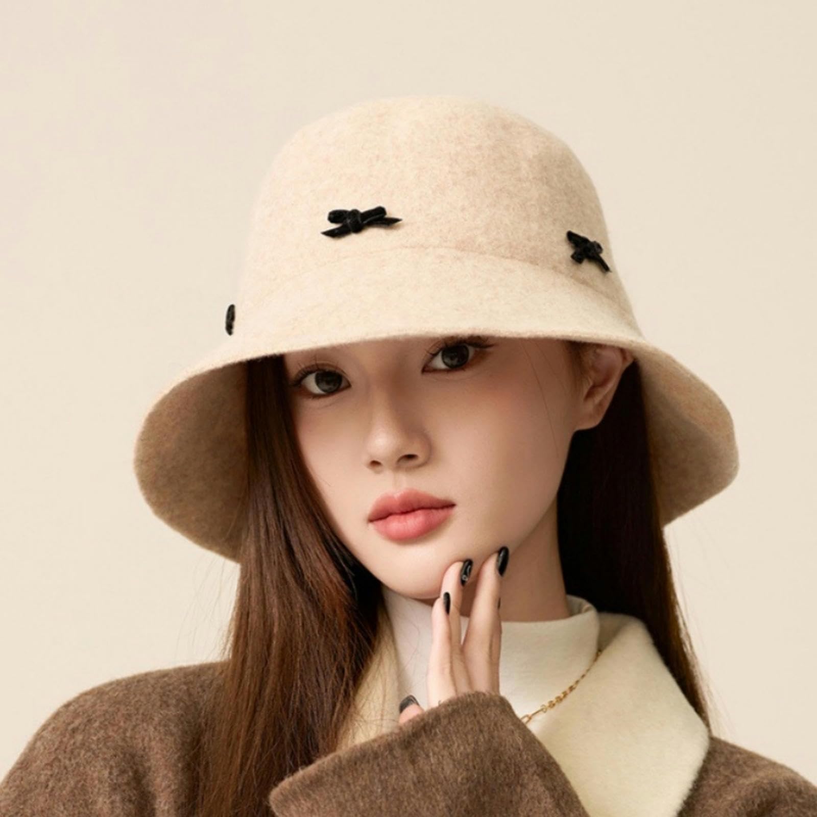 Cappello Cappello da Feltro di Cloche Invernale da Donna, Cappello da Secchio Caldo, Cappello in Pelle Scamosciata Vintage-Brown-b