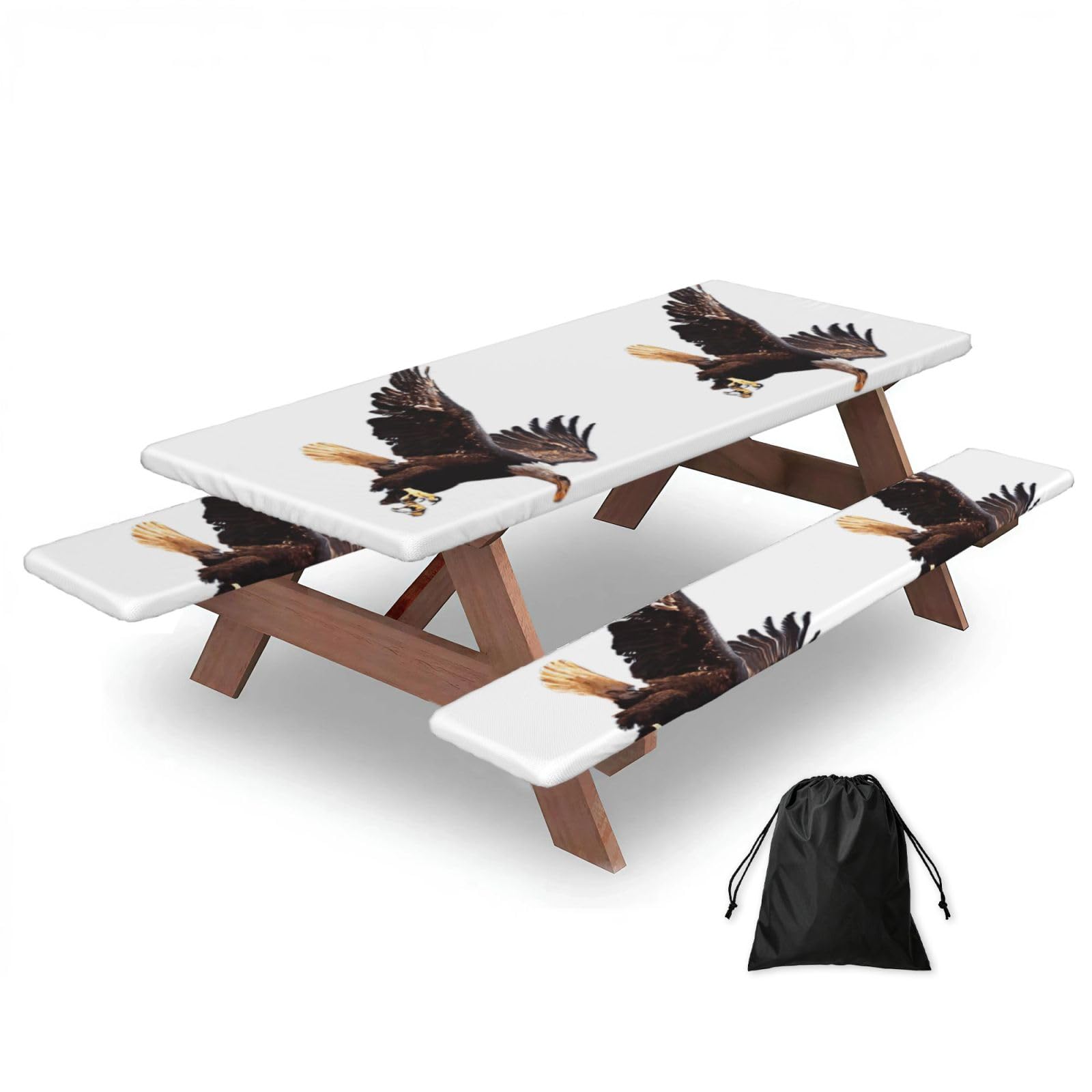Duwaa Black Eagle Print 183Cm Picnic Table Cover With Bench Covers, Waterproof Elastic Tablecloth Set For Outdoor