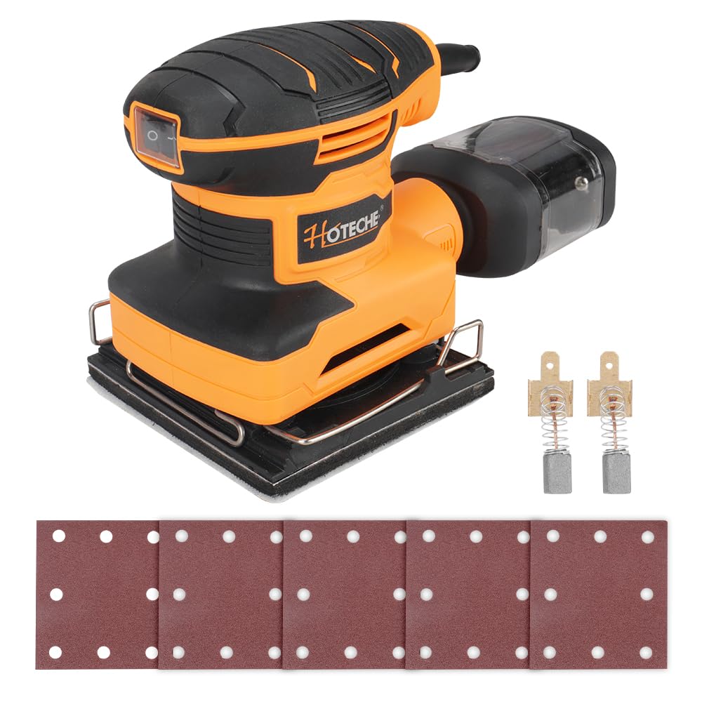 Hoteche Szlifierka oscylacyjna 240 W, 110 x 100 mm, wielofunkcyjna szlifierka do drewna z samozasysaniem, 13 000 obr./min, w zestawie szczotki węglowe, papier ścierny i pojemnik na kurz