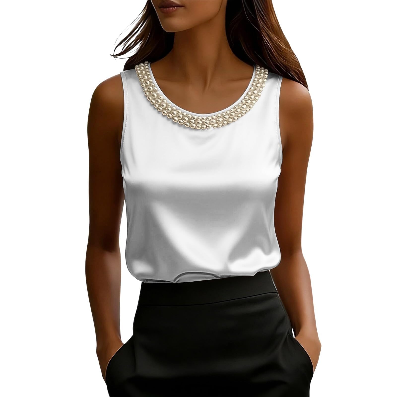Camiseta de manga corta para mujer, de satén, sin mangas, cuello redondo, informal, para salir, con estampado