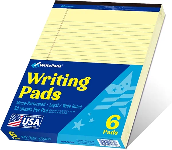 WritePads Legal Pads 8.5 x 11,Wide Ruled Note Pads, Canary, 6-Pack, 50 Sheets, Sturdy back, No Bleeding Micro-Perforated Writing Pads for School Office, Made in the USA