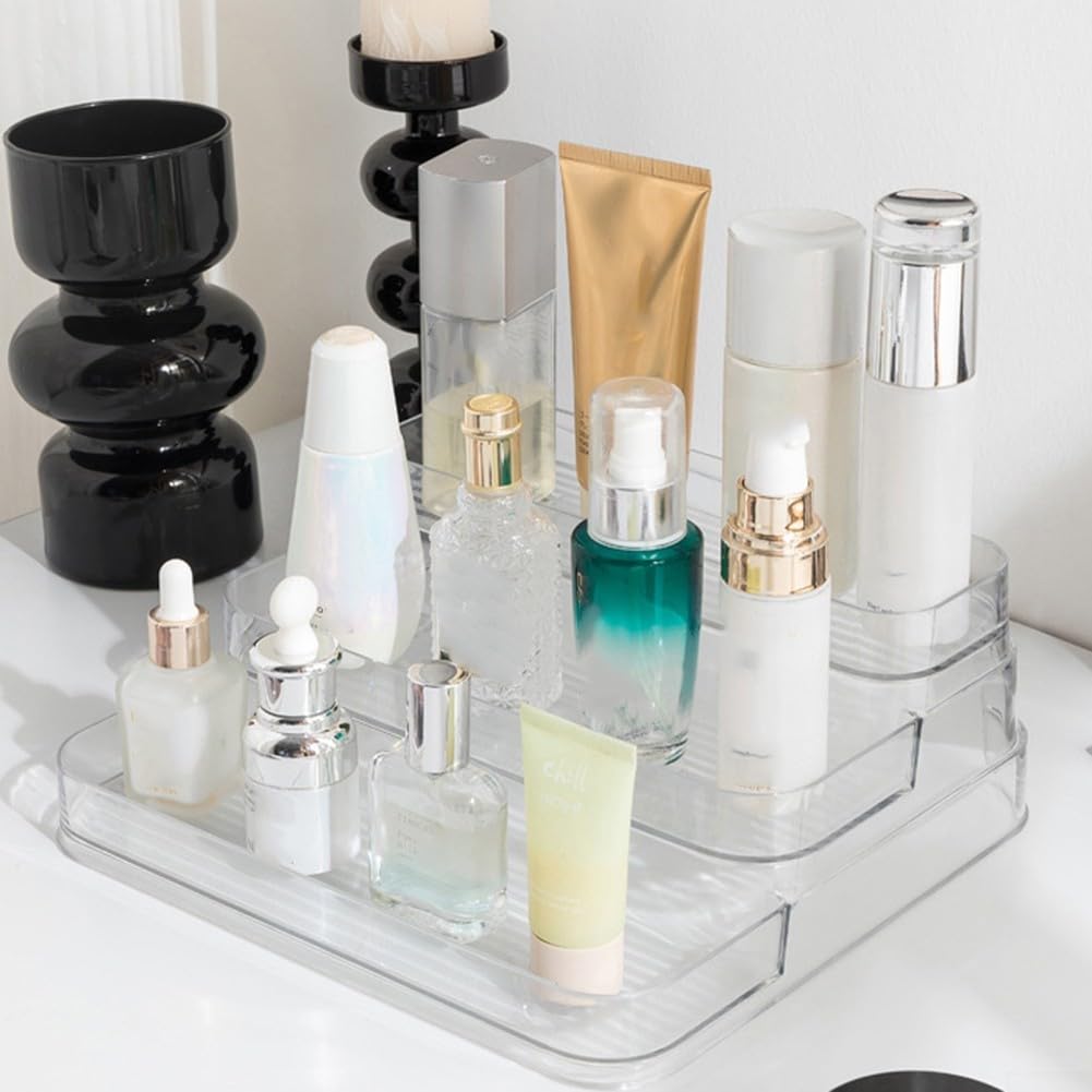 Confezione da 2 organizer in acrilico trasparente con tre ripiani per bottiglie di profumo, cura della pelle e medicine, design a gradini larghi per grandi contenitori, per uso domestico e bagno