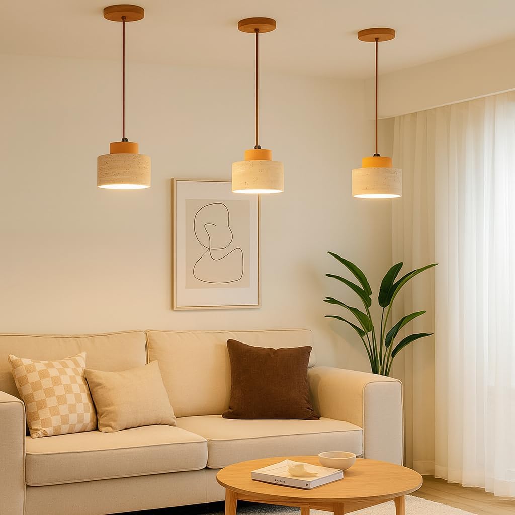 Wabi Sabi Natural Stone and Wood Pendant Light,4.7Inch Small Hanging Pendant Lamp,Modern Vintage Rustic Minimalist Fixture for Bedroom, Dining Room, Kitchen Island, Cafe, Hallway (Wood Color, PCS, 2)