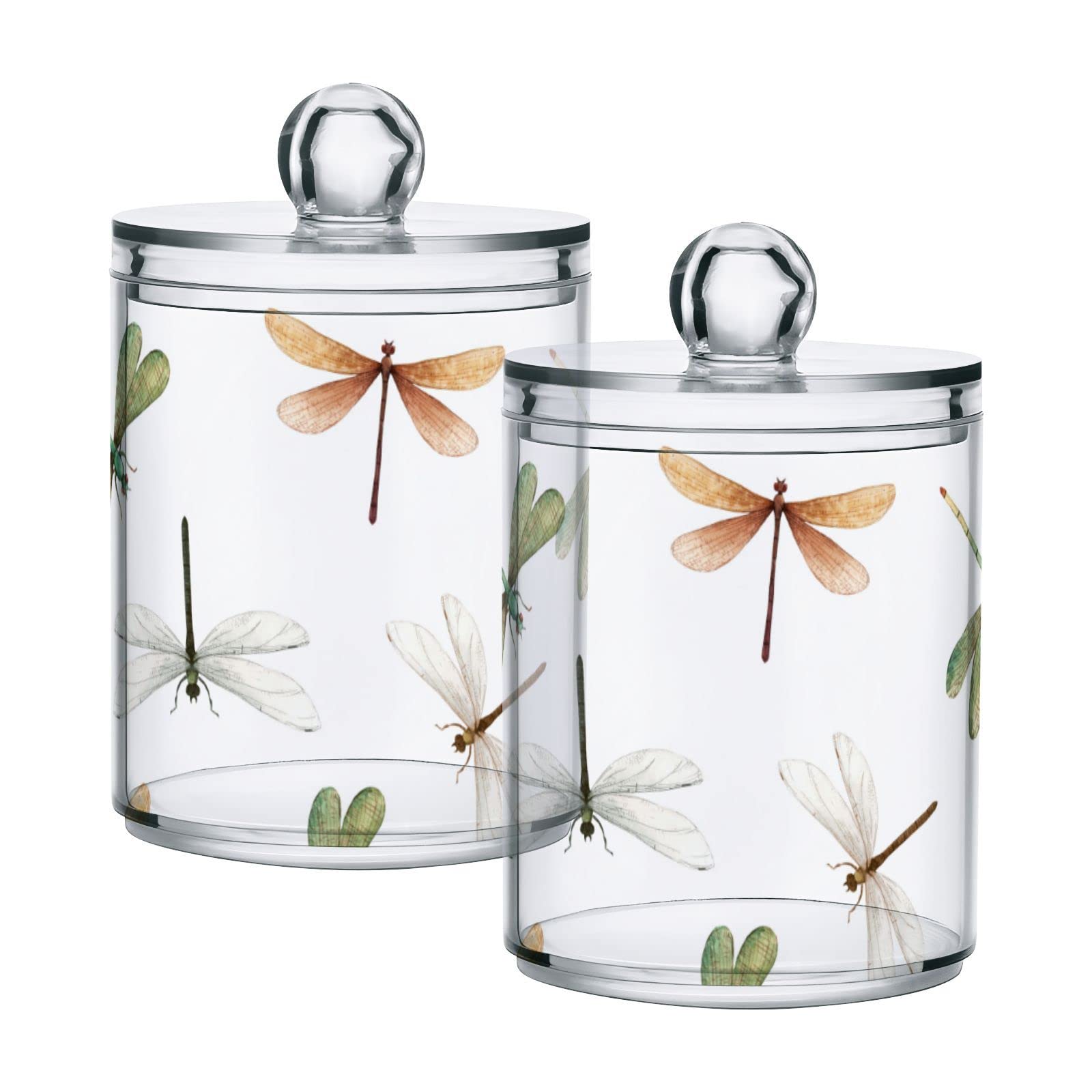 xigua 2 Pack Dragonfly Apothecary Jars with Lid, Qtip Holder Storage Containers for Cotton Ball, Swabs, Pads, Clear Plastic Canisters for Bathroom Vanity Organization (10 Oz)