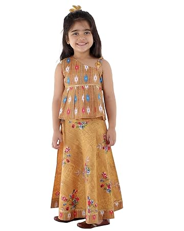 Superminis Baby Girls Cotton Jaipuri Print One Side Off Shoulder Top/Kurti and Printed Lehnga/Skirt with Dori Closure Dress (Mustard, 5-6 Years)