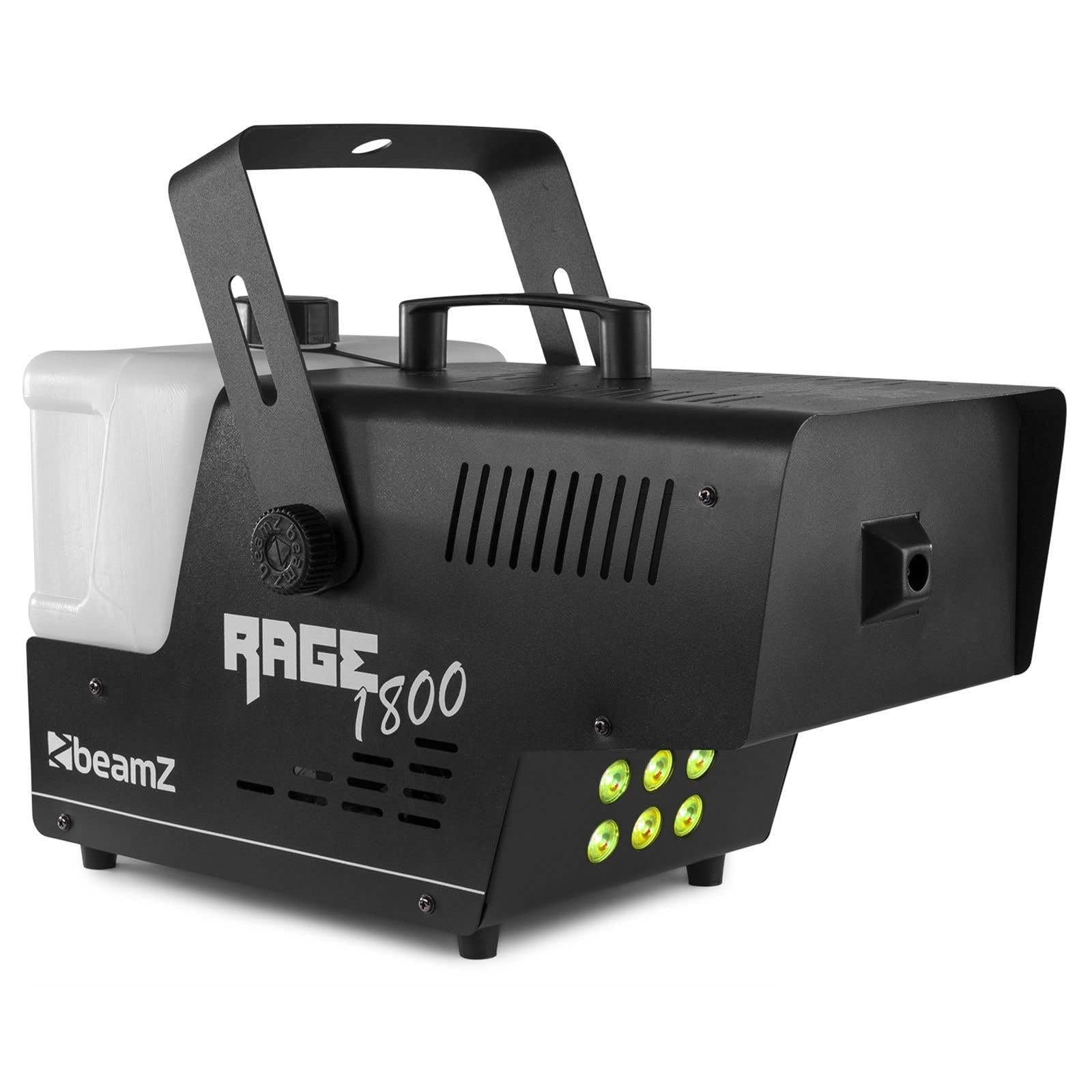 Beamz Rage 1800 - Macchina del Fumo con telecomando, 1800 Watt, 6 x 4 W LED RGBW, volume Uscita: 530 m³ al minuto, volume serbatoio: 3,5 litri, 7 canali DMX, tempo di riscaldamento: 4 min
