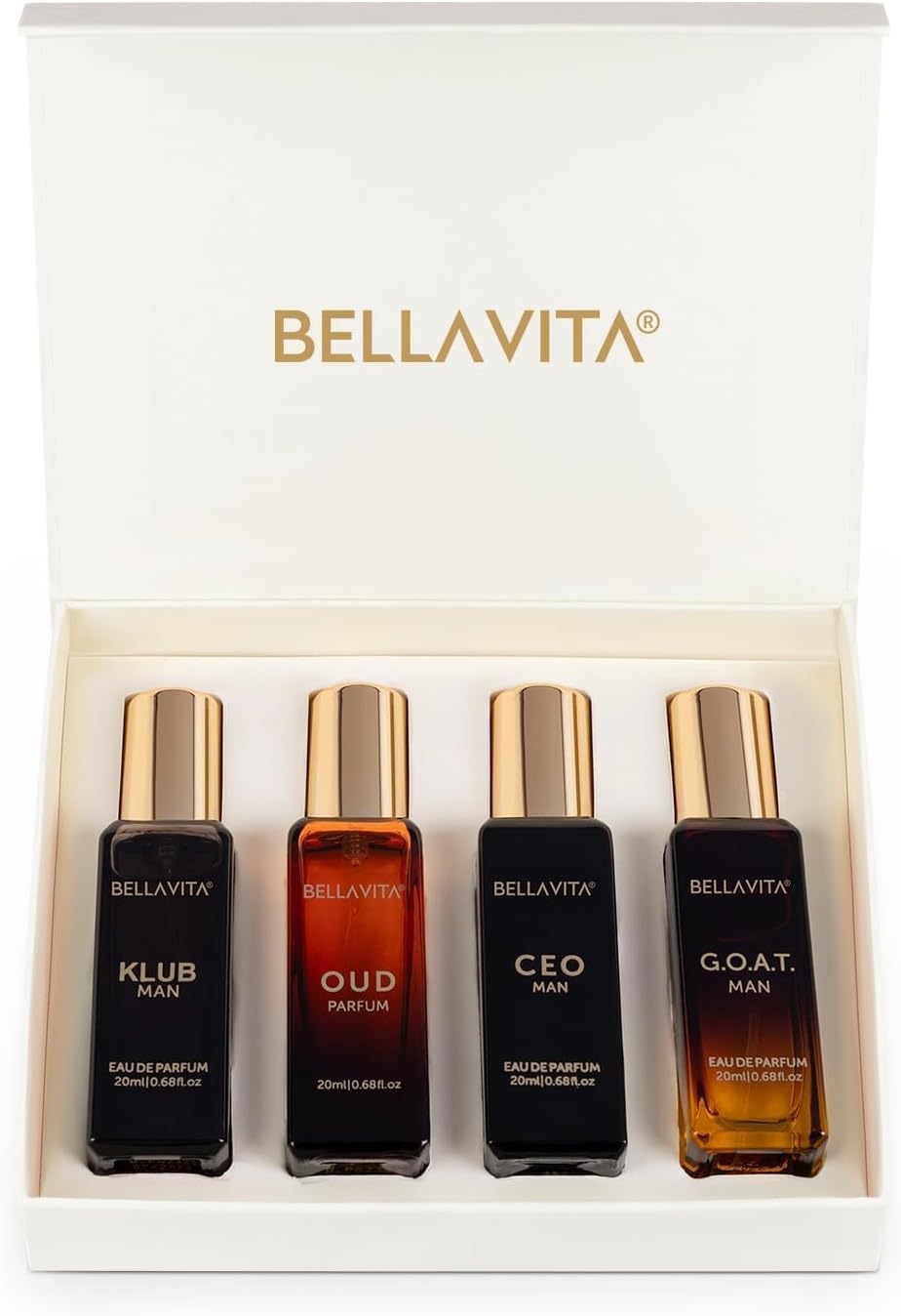 Bella Vita Luxury | Long Lasting Men Perfume Gift Set | 4x20ml | Perfume for Man | Gift for Man | Woody, Citrusy, Oud Premium Fragrance | KLUB, OUD, CEO, G.O.A.T