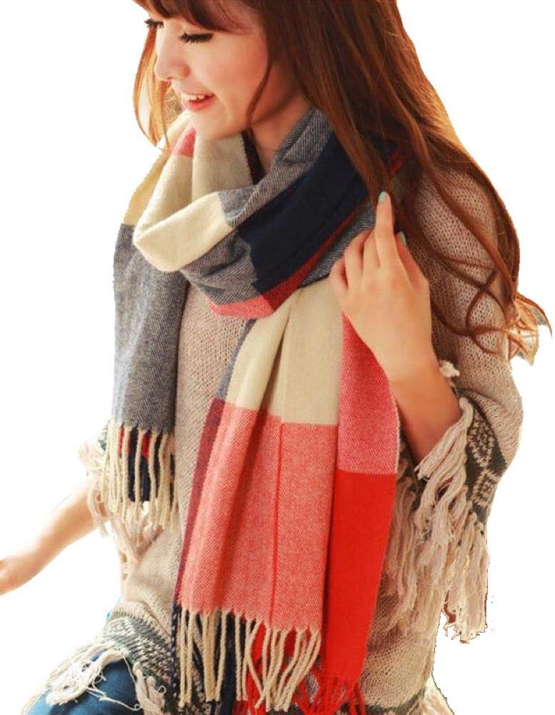 Boolavard Women's Blue / Grey Fashion Long Shawl Big Grid Winter Warm Lattice Large Scarf (Blue/Grey)