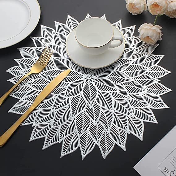 HomeCloud Table mat Round Shape| Table mat Round | Cutwork Design mat | Dining Table mats | Dressing Table MATS | Bed Side Table mats (Flower_Silver, 4)
