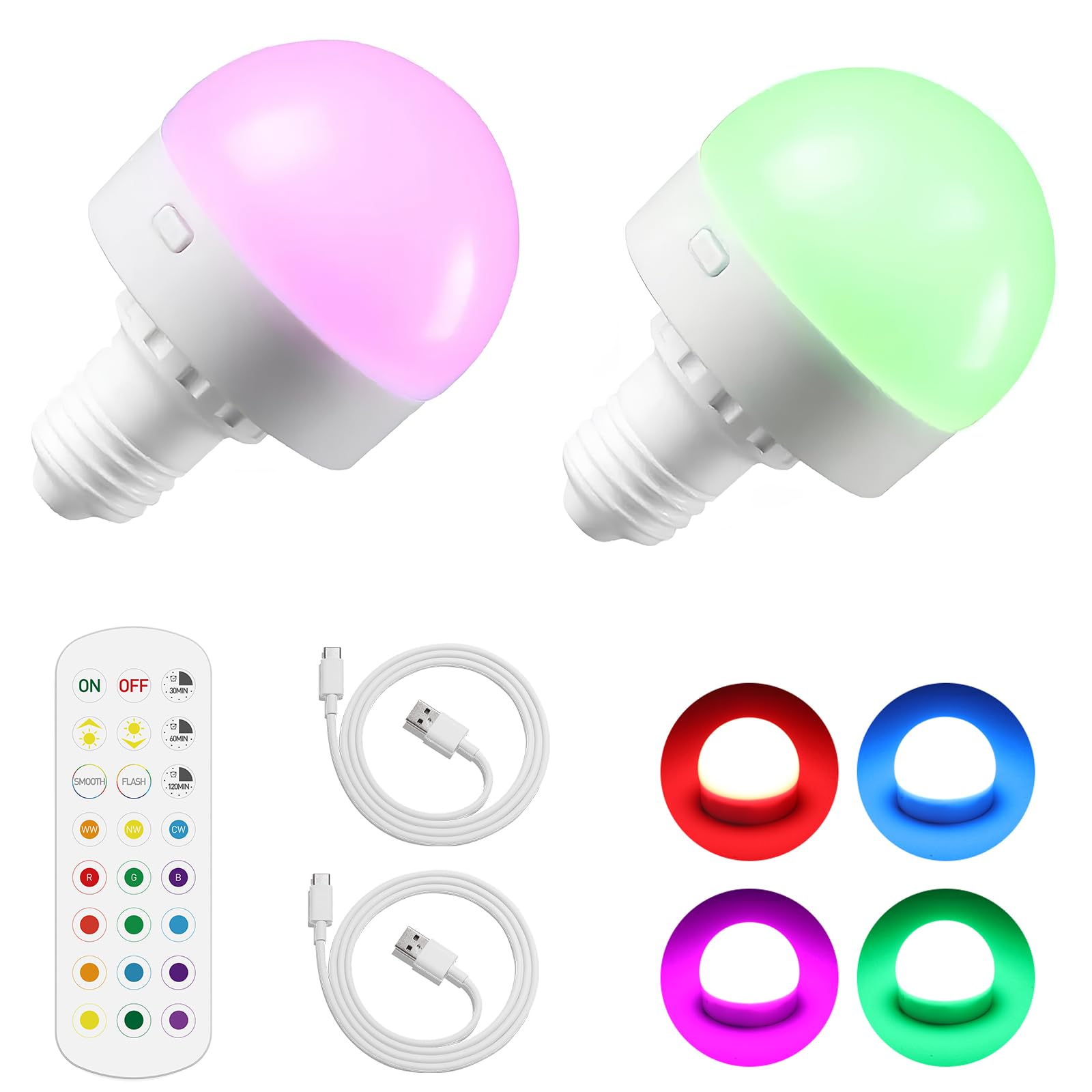 HURYEE E27 USB Rechargeable LED Bulbs with 15 Colour Changing, Battery Light Bulbs with Magnetic Base Detachable, Wireless E27 Dimmable LED Bulbs with Remote for Wall Lights and Table Lamps 2 Pack