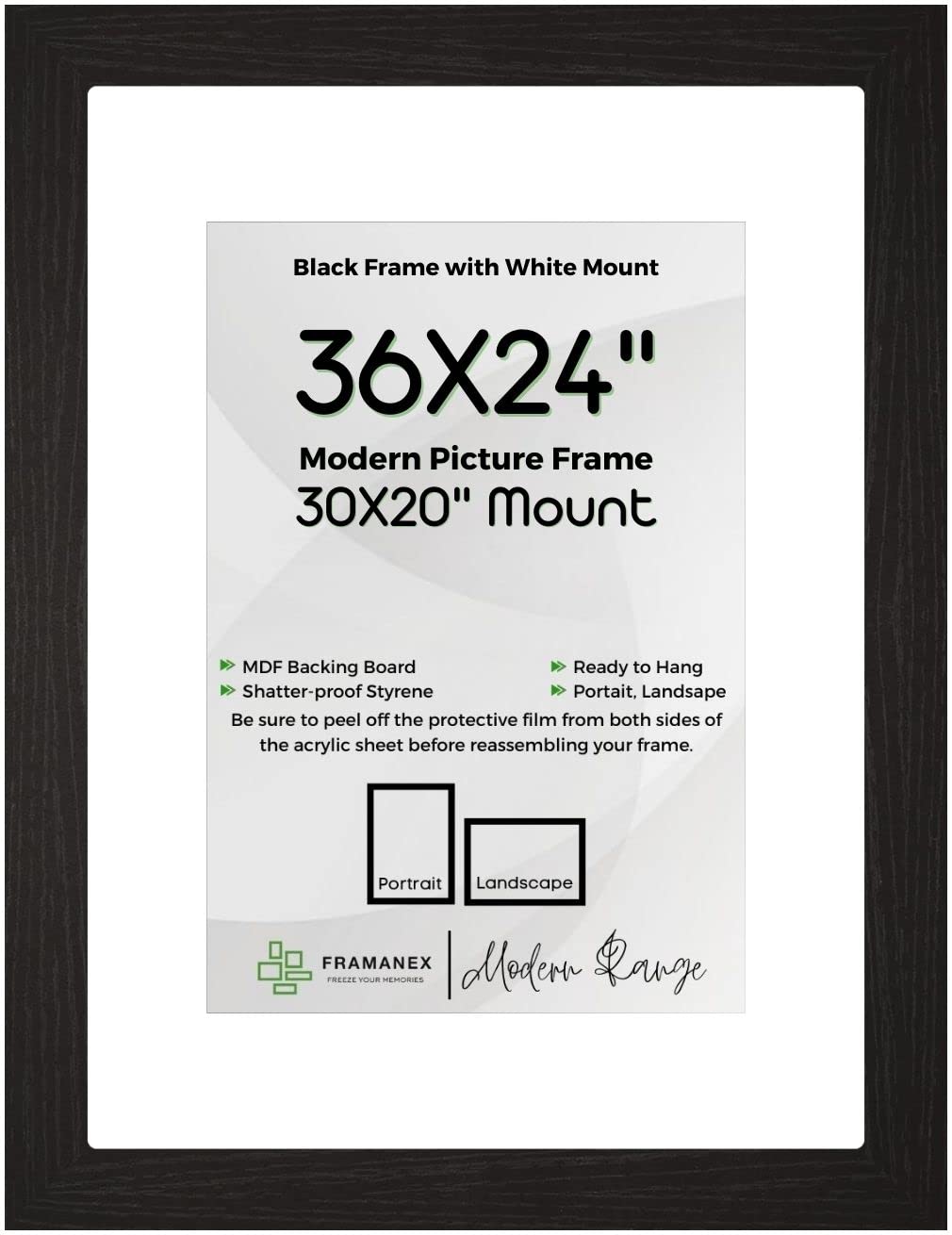 FRAMANEX BLACK Large Picture Poster Frame Size 36 X 24 inch, 91.44 X 60.96cm, 914 X 610mm with White mount to fit image print size 30 X 20 inches, 76 X 51cm, 760 X 510mm [BLACK Frame]