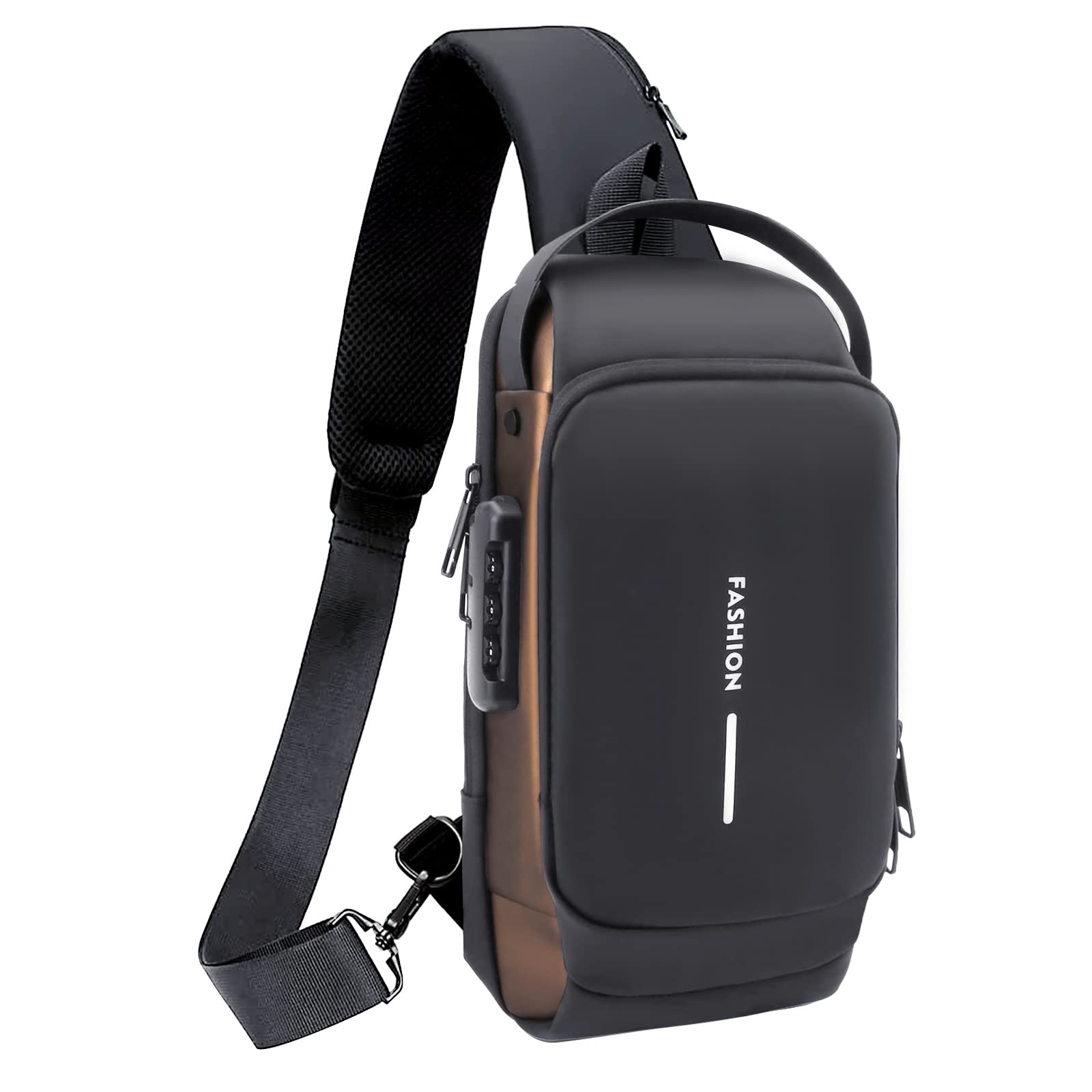 icyant Anti Theft Sling Bag, Waterproof USB Charging Sport Sling Anti-Theft Shoulder Bag Mens Sling Bag Crossbody Shoulder Chest Bag with USB Charger Port Password for Men Sling Backpack, Black Gold,-picture-23