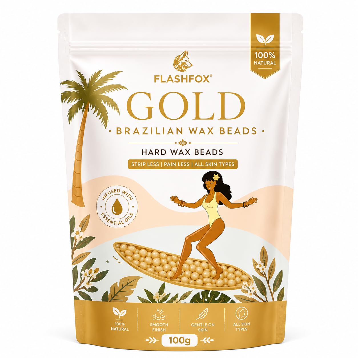 FLASHFOX Brazilian Hard Wax Beans 100g | Premium Hair Removal Wax Beads for Women & Men | Smooth & Gentle Bikini, Face, Underarm & Body Wax | No Strips Needed (Gold, Gold Brazilian wax)-image-2