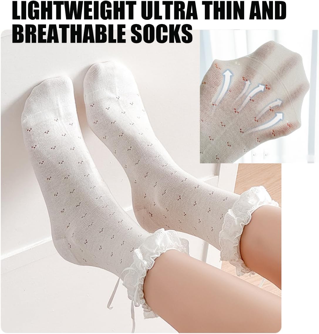 Lace Ruffle Crew Socks Women, Mesh Cotton Casual Socks Mid-calf Lightweight Stretchy Durable for Home 4 Pairs