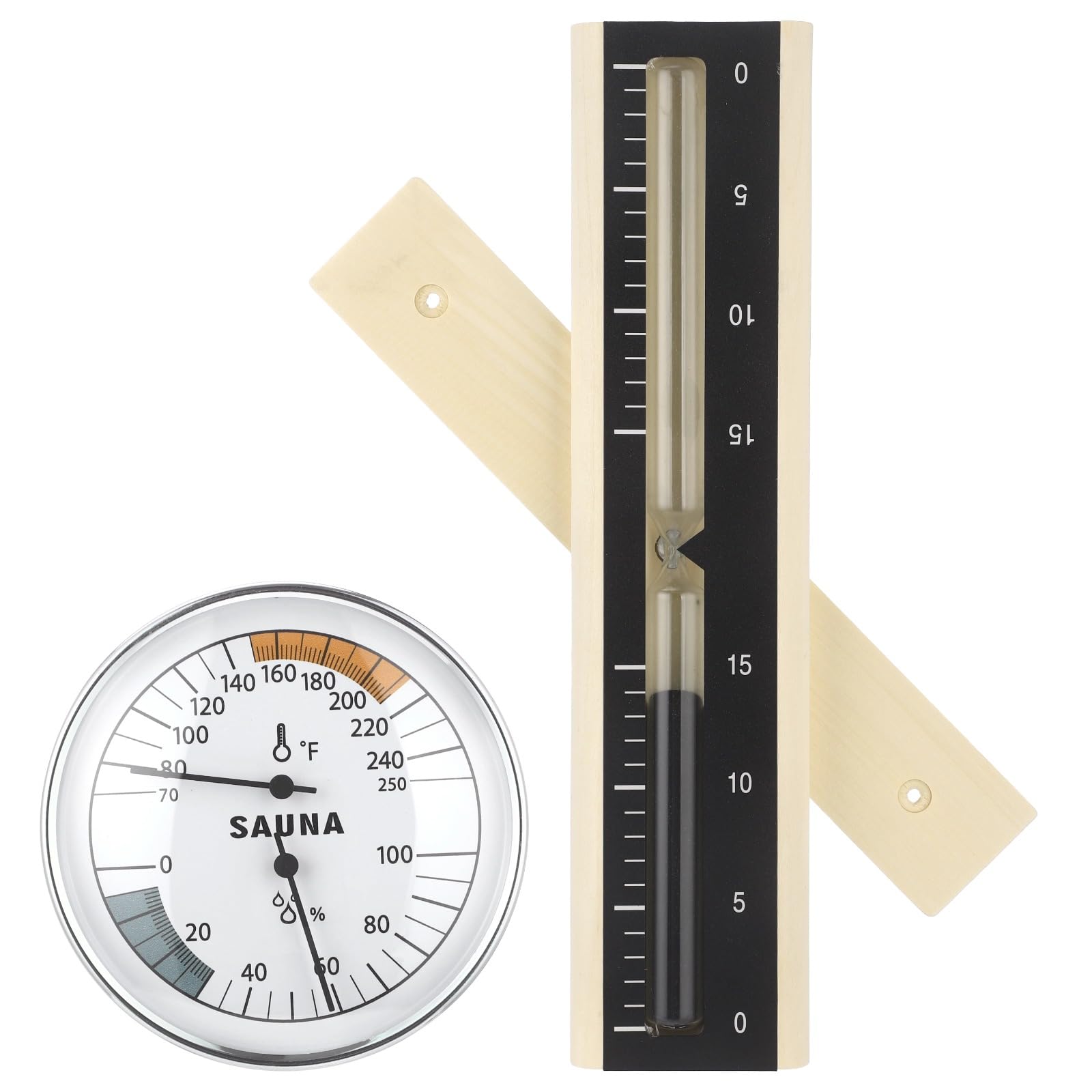 Zestaw 2 termometrów do sauny, higrometru, z czasomierzem piaskowym, mechanicznym miernikiem temperatury i wilgotności, zakres od 70 do 121.1 °C, montowany na ścianie, drewniany, 15 min, obrotowa