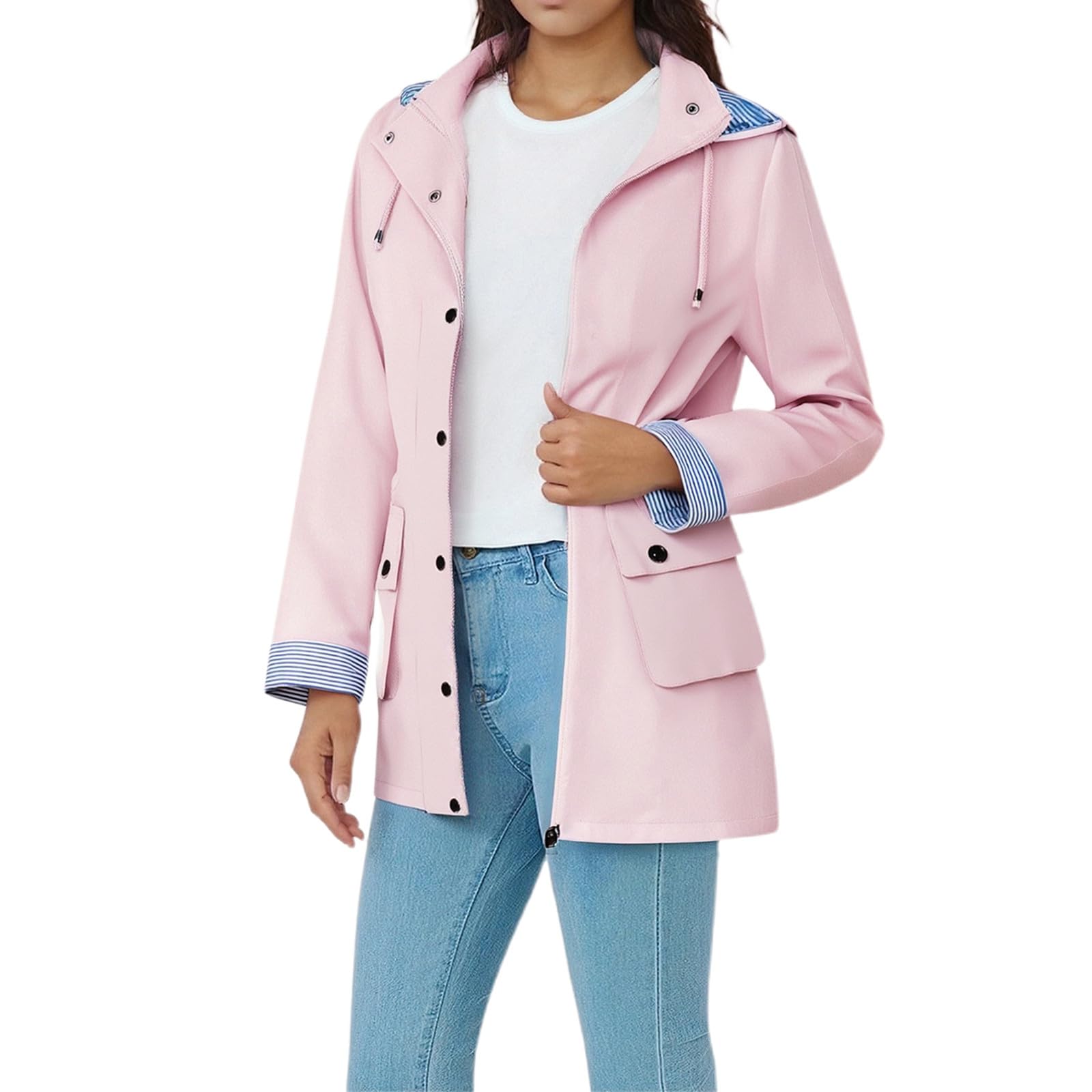 Cortavientos Para Mujer-Gabardina Con Capucha Desmontable Para Mujer Chaqueta Cortavientos De Manga Larga Prenda Exterior Informal Elegante De Largo Medio Con CinturóN Botas De Lluvia A Rayas Atuendo