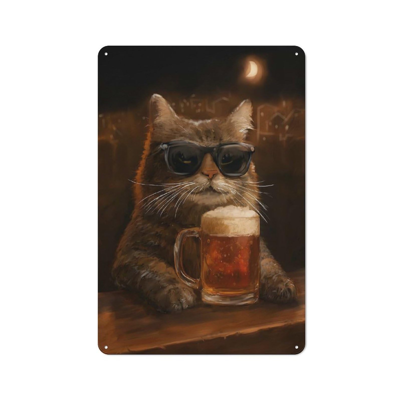 30x20cm Rustic Metal Plaque with Cool Cat with Beer for Café Or Restaurant, for Themed Interiors in Cafés And Restaurants