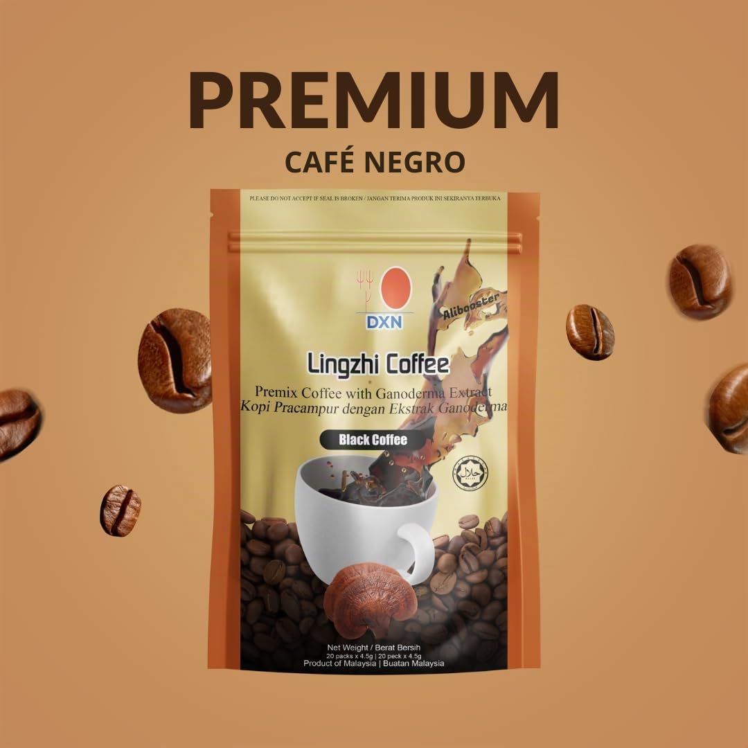 ALIBOOSTER DXN - Café negro Lingzhi 3 en 1 - Original Ganoderma - 20 sobres x 4,5 gramos