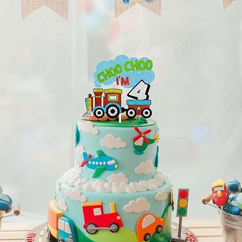 Miniatura 3 de Decoración para tartas de 4 cumpleaños, Choo Choo I'm 4 trenes temáticos para niños, cumpleaños con purpurina, suministros de decoración para fiestas