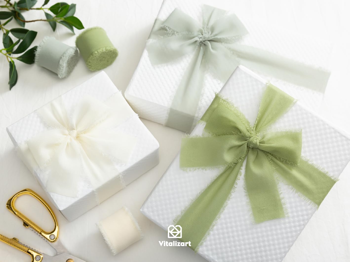 Vitalizart Nastro di Chiffon Setoso Bianco & Verde, Fatto a Mano con Frange, Totale 3,8 cm x 19,2 m, Nastro Tessuto per Inviti a Nozze, Bouquet da