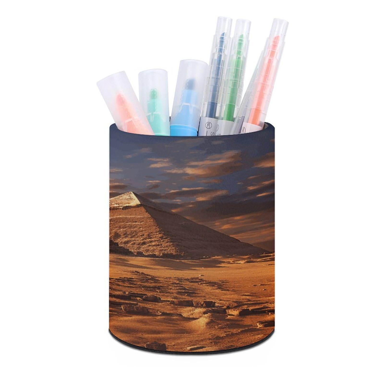 VstaDank Egyptian Pyramids Pen Holder Leather Pencil Cup Round Pencil Holder for Desk Organizer Personalized Pen Cup Fashion Pen Organizer Makeup Brush Holders for Office Home&Gift