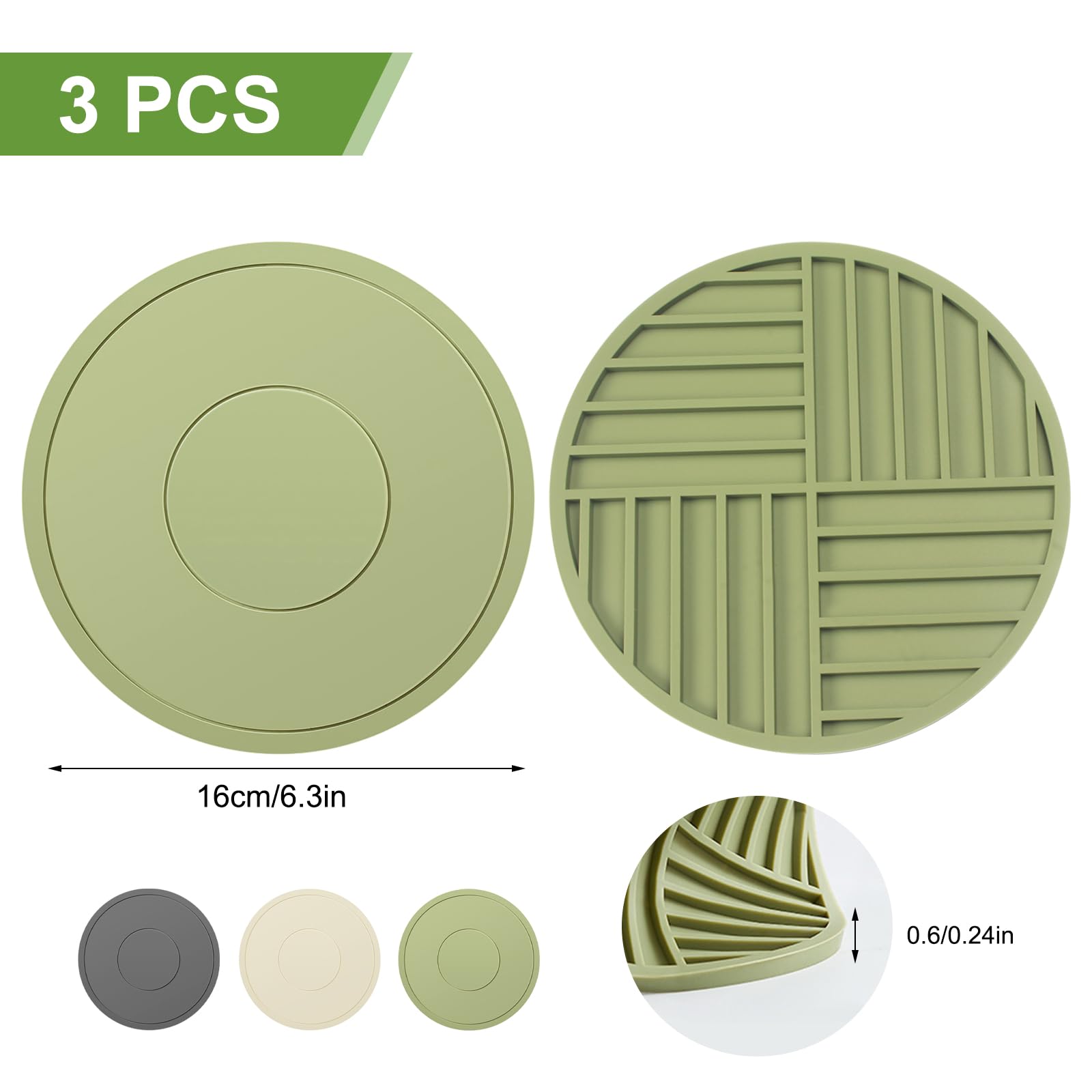 3 Piezas Salvamanteles de Silicona, 16cm Protector Sartenes Silicona, Protector Sartenes Separadores Duradero, Impermeable y Antideslizante, Apto para Ollas, Sartenes y Cuencos (Gris Beige Verde)