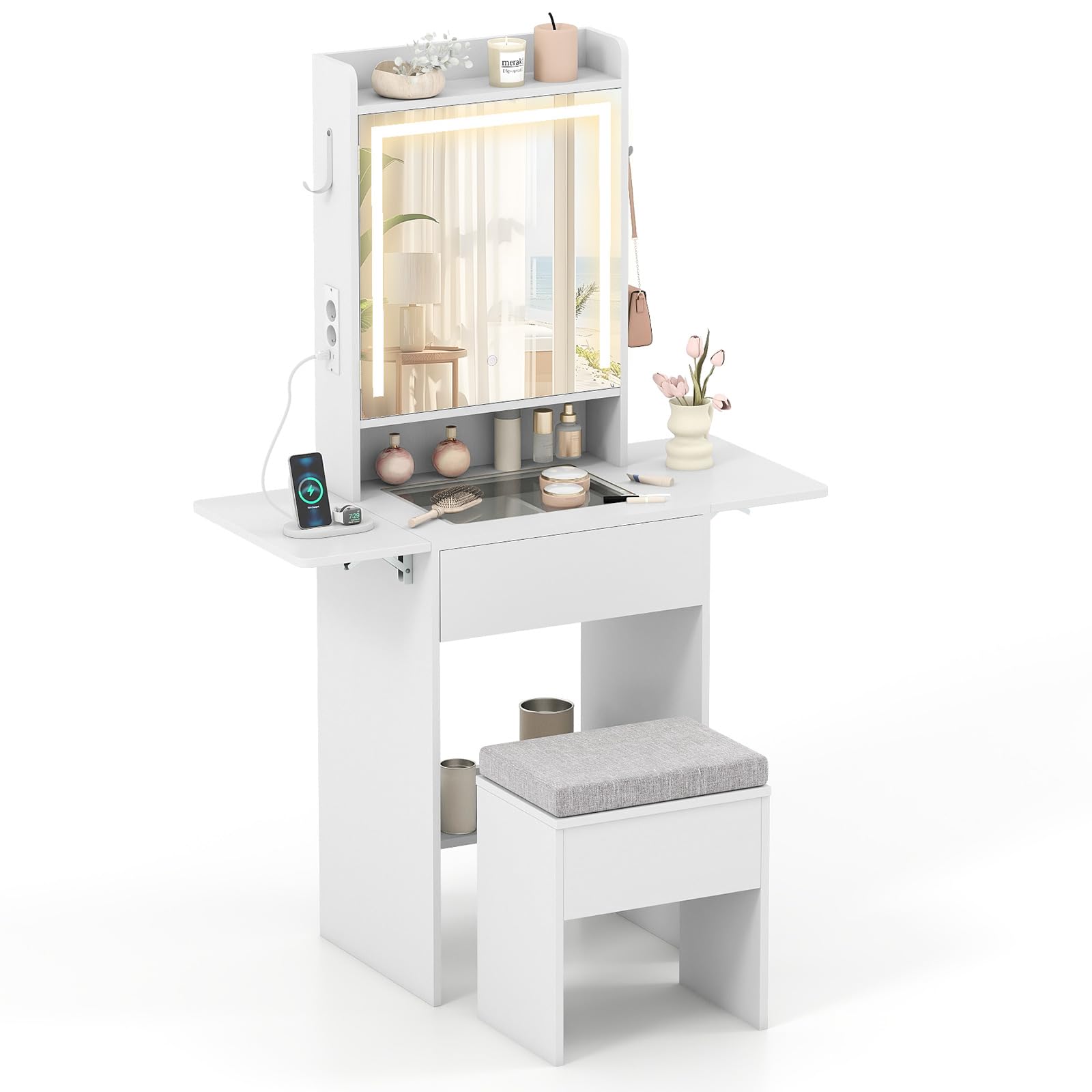COSTWAY Toeletta Trucco con Luci LED, Tavolo da Trucco con Specchio e Stazione di Ricarica, Postazione Trucco con Cassetto, 2 Piani d'Appoggio a Ribalta, Bianco (Modello 3)