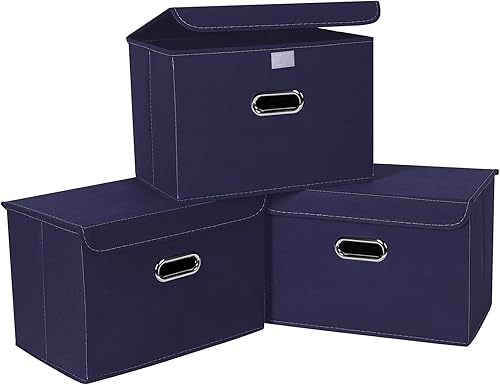 SEVENDOME Cubo de almacenamiento plegable de tela de lino con tapa, asas de cuero, divisor extraíble para el hogar, armario, azul marino, 3 unidades