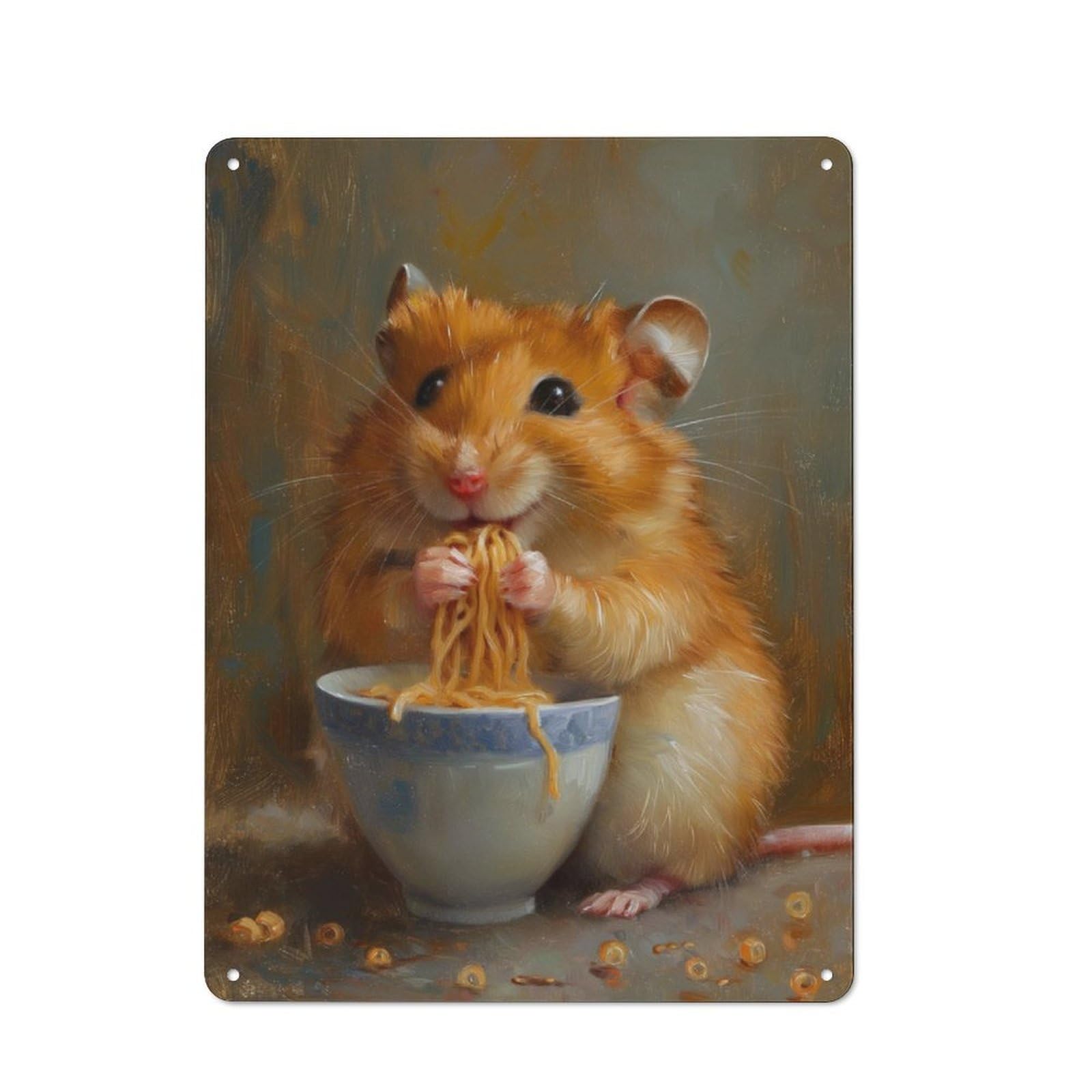 Vintage Metal Sign 40x30cm Featuring Cute Hamster Eating Ramen, Home Bar Decor for Cafe, Pub, Workshop Or Home Bar