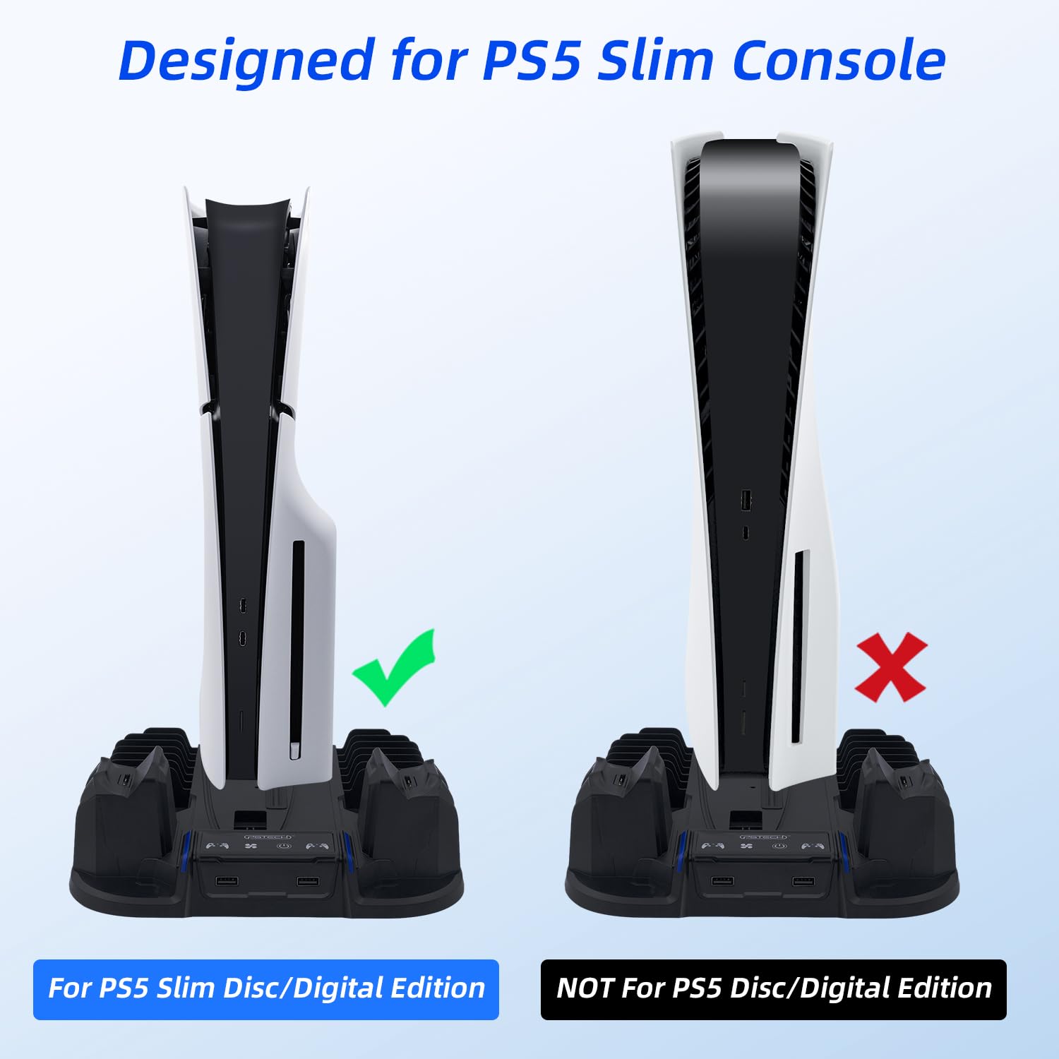 Mcbazel PS5 Slim Station de Charge de Refroidissement Turbo 3 Vitesses Multifonctionnelle Double Manette Chargeur de Ventilateur pour PS5 Slim Disc/Digital Console – Noir(Non pour PS5/PS5 Pro)