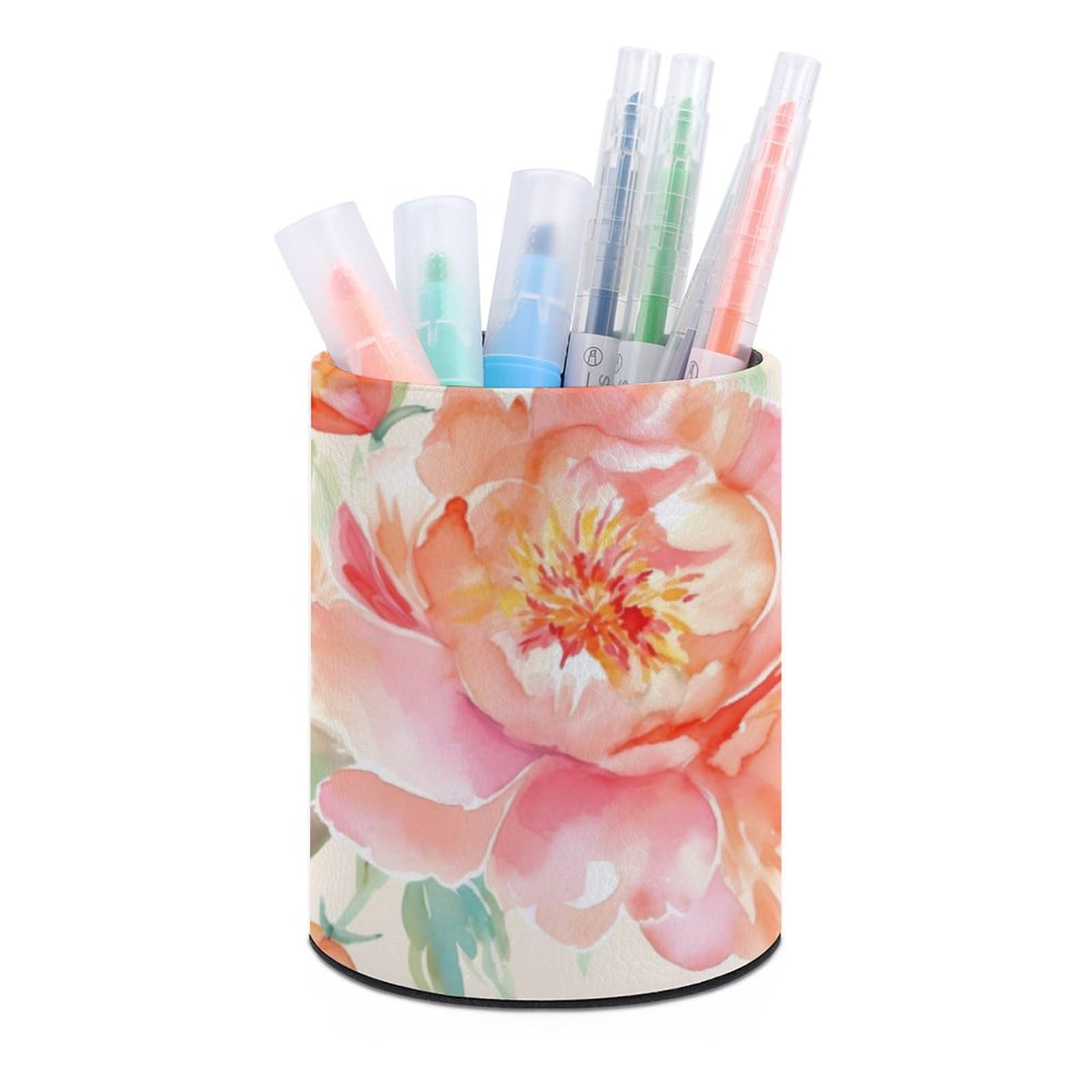 JTREHY Round Pen Holder,Peach Peony Printed Makeup Brush Storage Box Desktop Stationery Storage Cup Office Accessories Storage Box Pencil Storage Box for Home Office Dressing Table