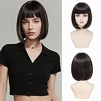 Vista 11 de Peluca Bob Marrón Ceniza con Flequillo, Peluca Corta y Lisa para Mujeres y Niñas, 12 Pulgadas, Resistente al Calor, Peluca de Cabello Bob Sintético
