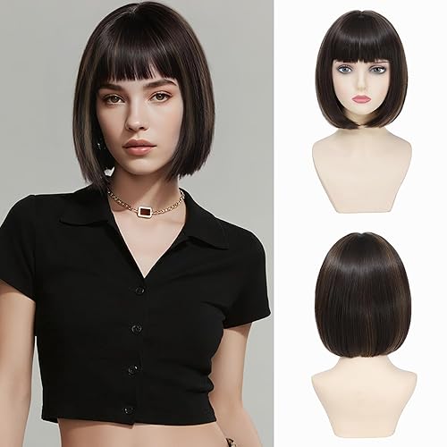 Miniatura 11 de Peluca Bob Marrón Ceniza con Flequillo, Peluca Corta y Lisa para Mujeres y Niñas, 12 Pulgadas, Resistente al Calor, Peluca de Cabello Bob Sintético