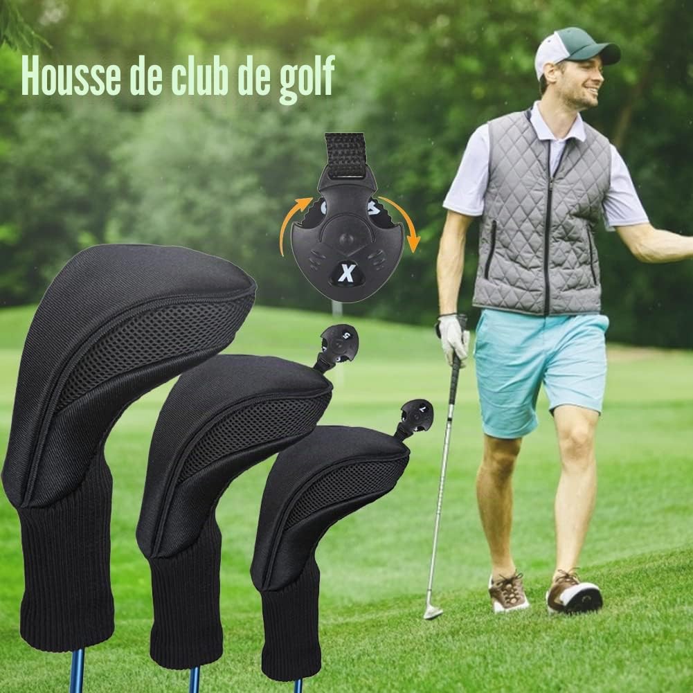 Generisch 3 couvre-clubs golf pour driver Fairway en bois – Fairway Woods Headcovers – Housses protection tricotées avec long cou, compatible avec toutes les raquettes parcours et driver
