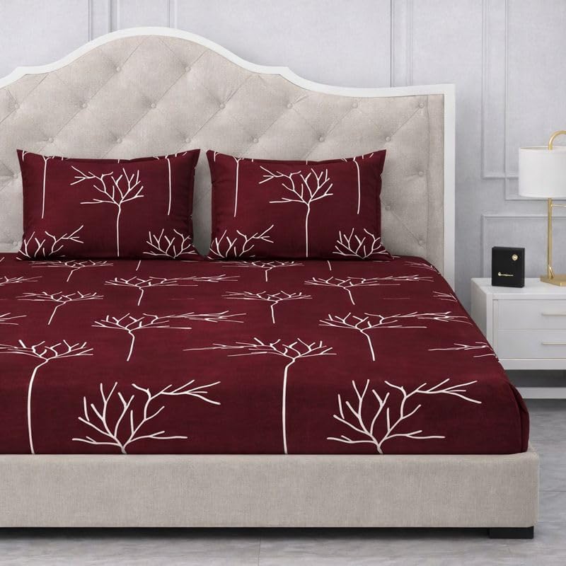 Image of 300 TC Cotton Feel Glace Cotton Elastic Fitted Bedsheet for King Size Double Bed | Fits up to 8 Inch Mattress | Printed Bedsheet with 2 Pillow Covers (Maroon Tree, Queen Size - 60 inchx78 inch)